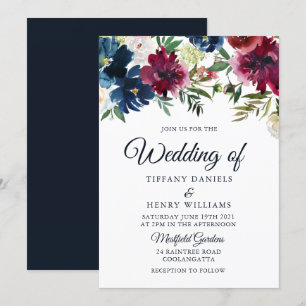 Invitation Mariage d'aquarelle florale marine et bourguignonn
