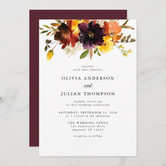 Invitation Mariage d'aquarelle florale Maroon & Orange Fall I (Devant / Derrière)