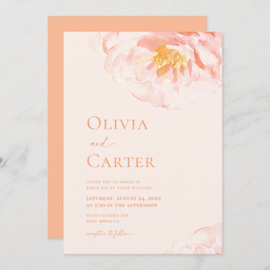 Invitation Mariage d'aquarelle florale moderne Peach (Devant / Derrière)