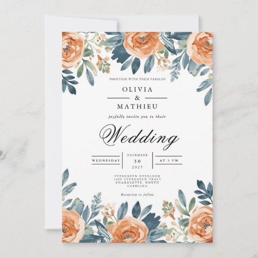 Invitation Mariage d'aquarelle Florale Orange Brûlé (Devant)