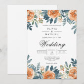 Invitation Mariage d'aquarelle Florale Orange Brûlé (Devant / Derrière)
