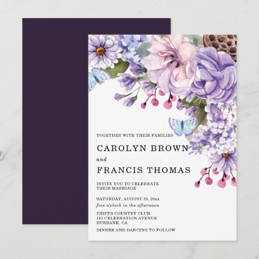 Invitation Mariage d'aquarelle florale pourpre (Devant / Derrière)