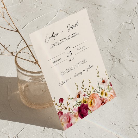 Invitation Mariage d'aquarelle florale rose de Bourgogne