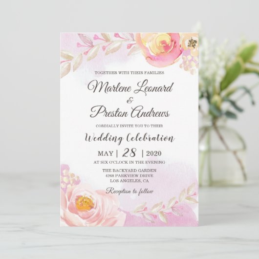 Invitation Mariage d'aquarelle florale rose et or chic (Debout devant)