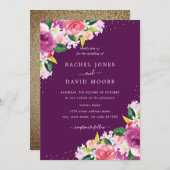 Invitation Mariage d'Aquarelle Florale rose violet (Devant / Derrière)