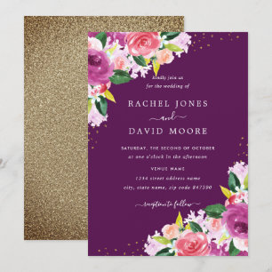 Invitation Mariage d'Aquarelle Florale rose violet
