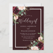 Invitation Mariage d'aquarelle florale rouge et bleu Bourgogn (Devant)
