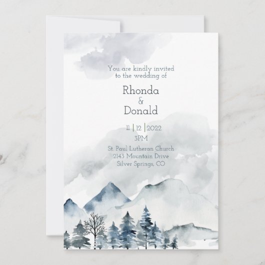 Invitation Mariage d'aquarelle Foggy Mountain (Devant)