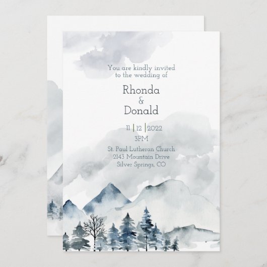 Invitation Mariage d'aquarelle Foggy Mountain (Devant / Derrière)