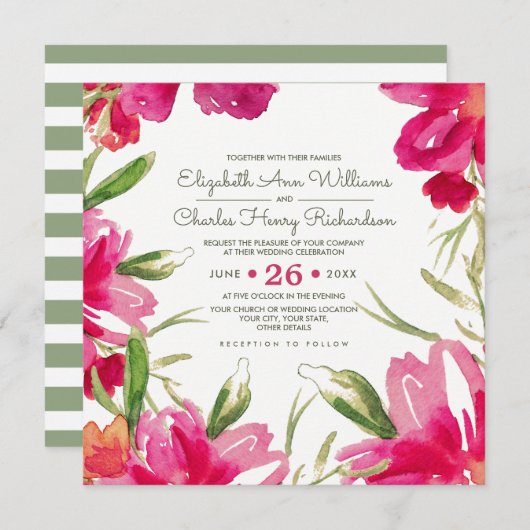 Invitation Mariage d'aquarelle Fuchsia Green Floral (Devant / Derrière)