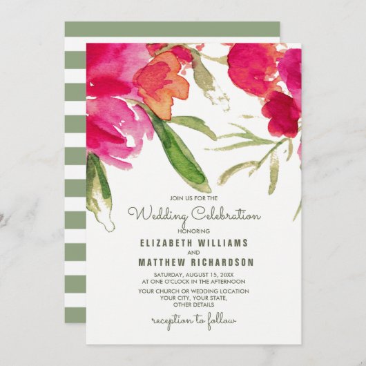 Invitation Mariage d'aquarelle Fuchsia Green Floral (Devant / Derrière)