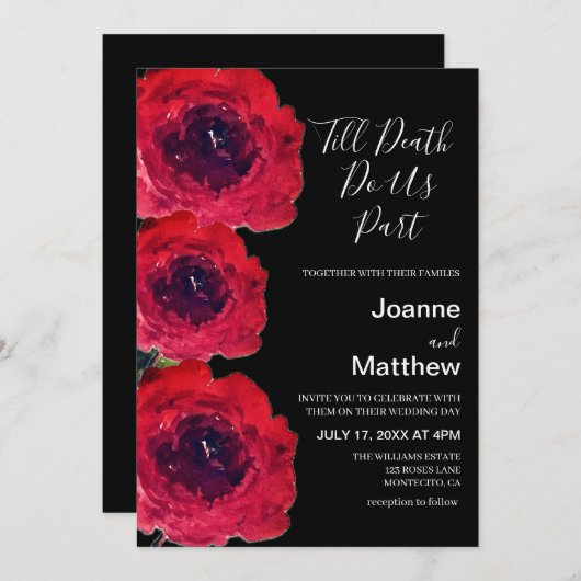 Invitation Mariage d'aquarelle gothique noir Rose (Devant / Derrière)