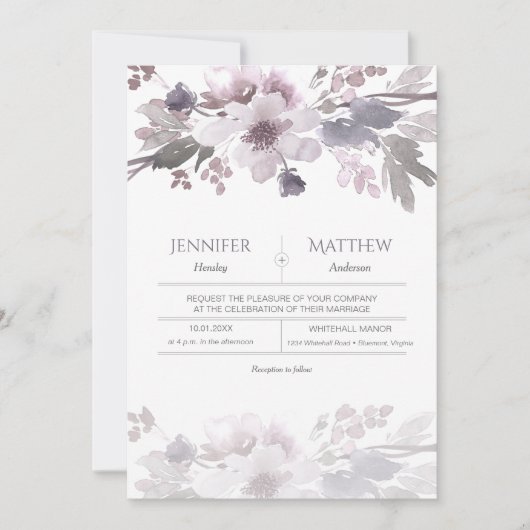 Invitation Mariage d'aquarelle gris lavande rose (Devant)