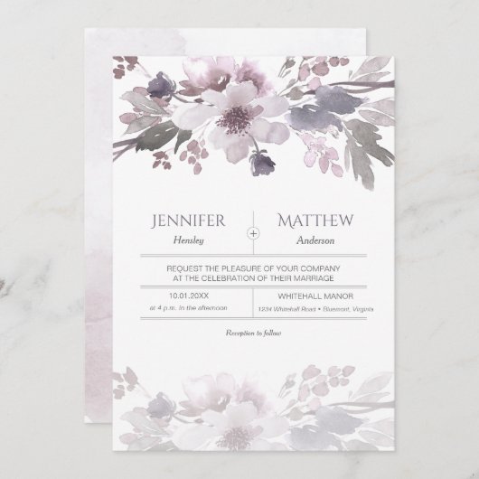 Invitation Mariage d'aquarelle gris lavande rose (Devant / Derrière)