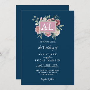 Invitation Mariage d'aquarelle marine à cadre floral rose