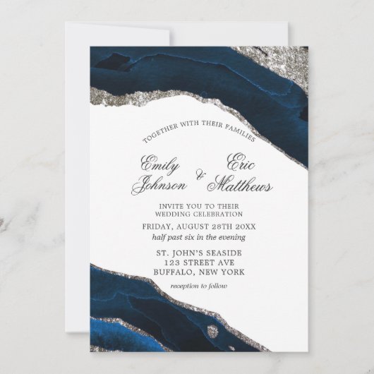 Invitation Mariage d'aquarelle marine et argent (Devant)