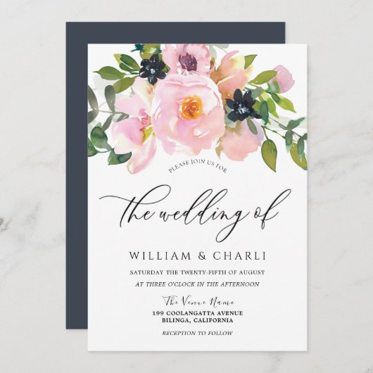 Invitation Mariage d'aquarelle marine et blush (Devant / Derrière)