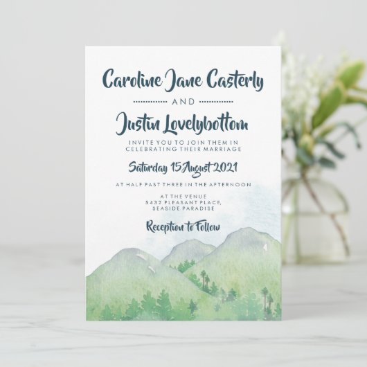 Invitation Mariage d'aquarelle Misty Mountains (Debout devant)