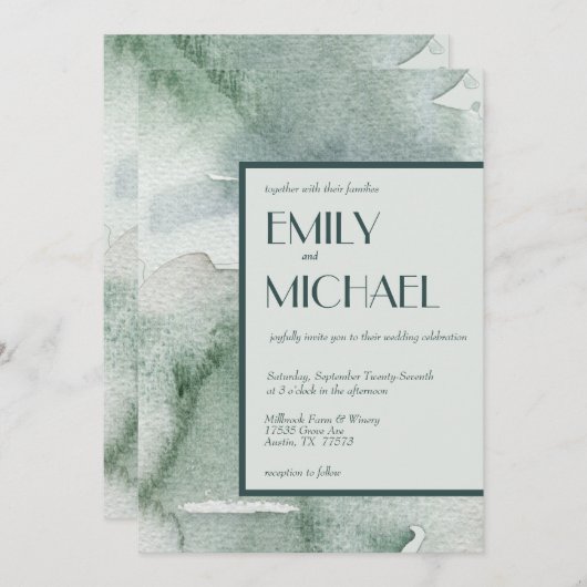 Invitation Mariage d'aquarelle moderne Abstrait Sage Green Mo (Devant / Derrière)