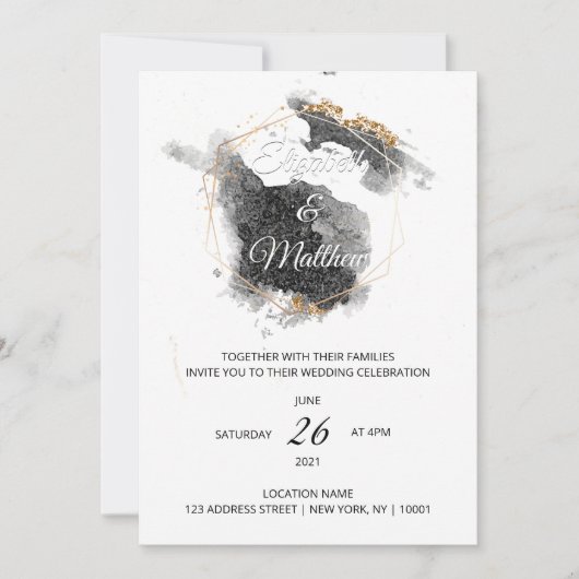Invitation Mariage d'aquarelle moderne Black & Gold Hexagon (Devant)