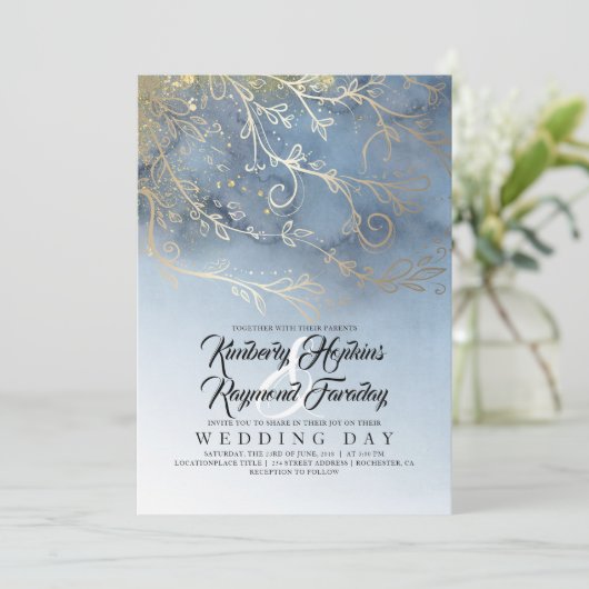 Invitation Mariage d'aquarelle moderne bleu et or Dusty (Debout devant)