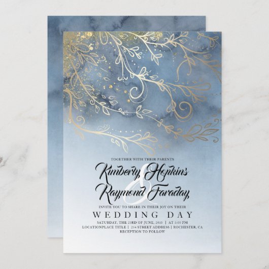 Invitation Mariage d'aquarelle moderne bleu et or Dusty (Devant / Derrière)