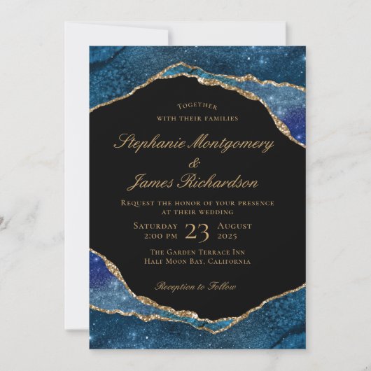 Invitation Mariage d'aquarelle moderne Blue Gold Foil Agate (Devant)