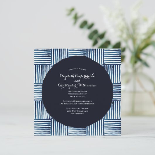 Invitation Mariage d'aquarelle moderne Indigo Blue Stripe (Debout devant)