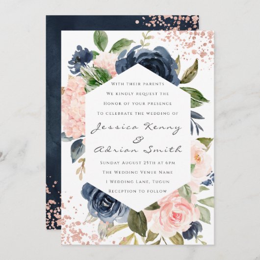 Invitation Mariage d'aquarelle moderne Marine & Blush (Devant / Derrière)
