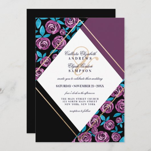 Invitation Mariage d'aquarelle moderne Mauve or noir (Devant / Derrière)