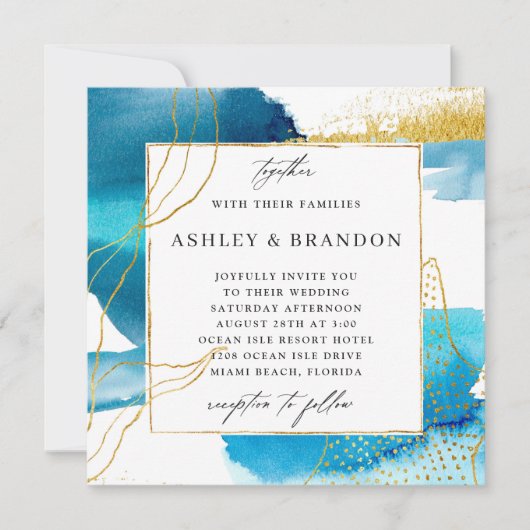 Invitation Mariage d'aquarelle moderne mer et sable (Devant)