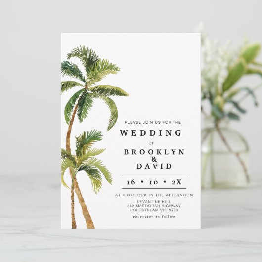 Invitation Mariage d'aquarelle moderne Palm Tree (Debout devant)