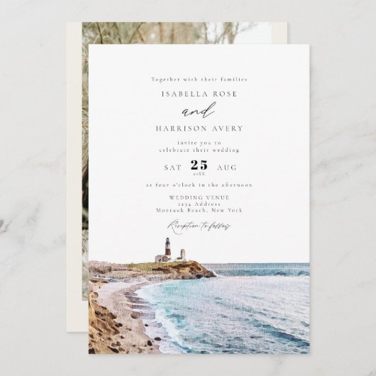 Invitation MARIAGE d'aquarelle MONTAUK Lighthouse New York (Devant / Derrière)