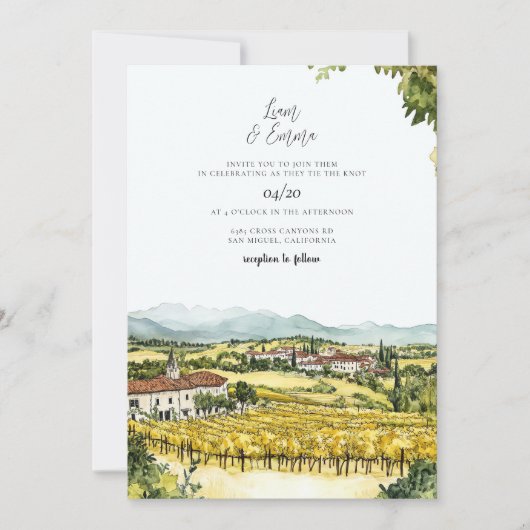 Invitation Mariage d'aquarelle Napa Valley California (Devant)