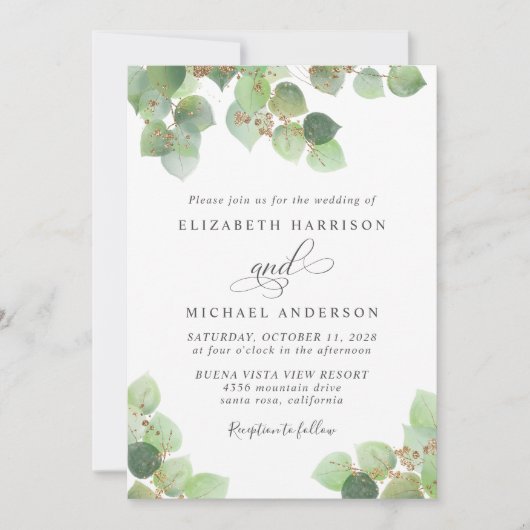 Invitation Mariage d'aquarelle or Eucalyptus vert (Devant)