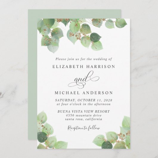Invitation Mariage d'aquarelle or Eucalyptus vert (Devant / Derrière)