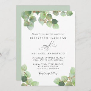 Invitation Mariage d'aquarelle or Eucalyptus vert