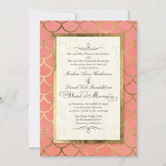 Invitation Mariage d'aquarelle or Motif Shell Art déco (Devant)