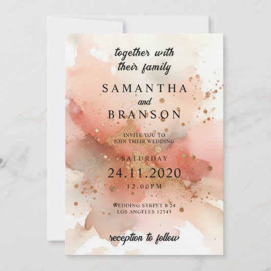 Invitation Mariage d'aquarelle or Rose moderne (Devant)