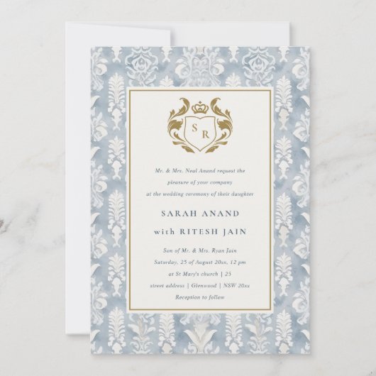 Invitation Mariage d'aquarelle orange bleu sombre or damassé (Devant)