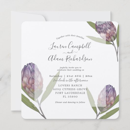 Invitation Mariage d'aquarelle pourpre de Protea tropical (Devant)