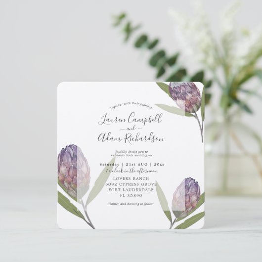 Invitation Mariage d'aquarelle pourpre de Protea tropical (Debout devant)