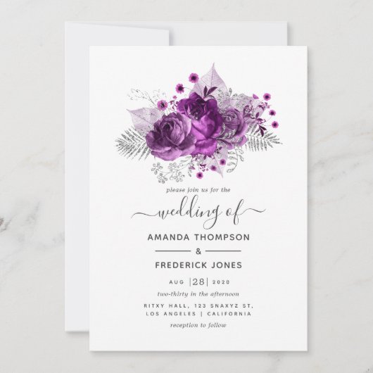 Invitation Mariage d'aquarelle prune et argent (Devant)