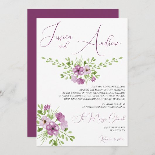 Invitation Mariage d'aquarelle romantique (Devant / Derrière)