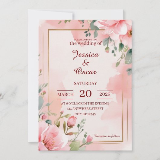 Invitation Mariage d'aquarelle romantique rose doux (Devant)