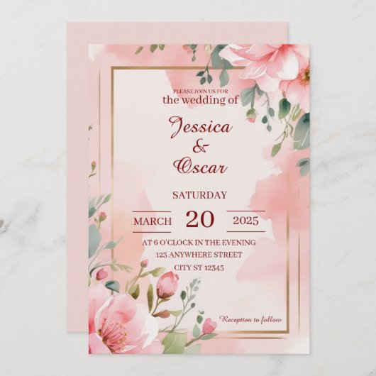 Invitation Mariage d'aquarelle romantique rose doux (Devant / Derrière)