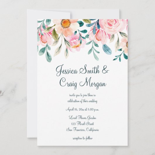 Invitation Mariage d'aquarelle rose corail et Turquoise (Devant)
