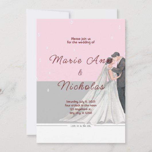 Invitation Mariage d'aquarelle rose et gris (Devant)