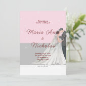 Invitation Mariage d'aquarelle rose et gris (Debout devant)