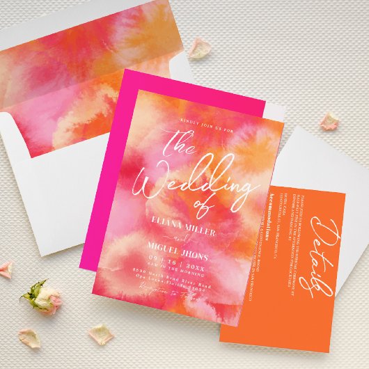 Invitation Mariage d'aquarelle rose et orange moderne chaud